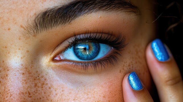 Close-up of woman's eye,  blue eyes, freckles, blue nails