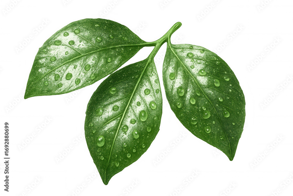 Poster green leaves sparkling with dew, transparent backdrop enabling effortless digital composition and gr