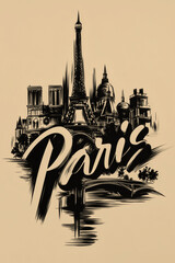 Paris Landmarks Charcoal Illustration Poster