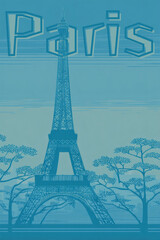 Paris Eiffel Tower Blue Botanical Contemporary Poster