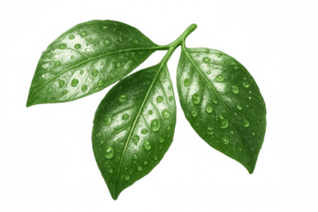 Green leaves sparkling with dew, transparent backdrop enabling effortless digital composition and graphic design integration