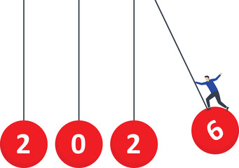 Leadership in setting a plan or course for business development in 2026, motivation in achieving goals in future year, determination for great success or heights, man launches 2026 balloons into work.