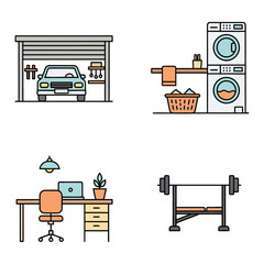 Four illustrations depicting a garage, laundry area, office space, and a weightlifting bench setup