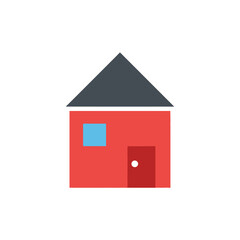 Simple illustration of a red house with a gray roof blue window and red door on a white background