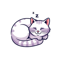 A curled up cartoon cat sleeping peacefully with zzz above its head on a white background space