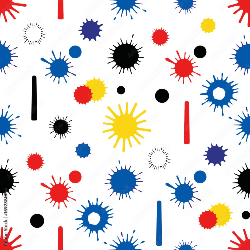 Poster a seamless pattern with colorful splashes, dots, and lines on a white background in a playful style