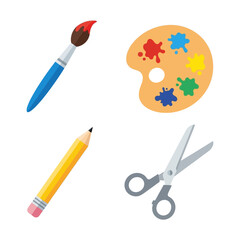A flat lay illustration of art supplies including a paintbrush palette pencil and scissors on white