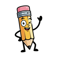 Cartoon pencil character with a pink eraser waving its hand and winking on a white background