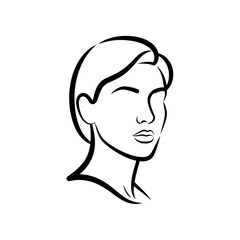 Minimalist line drawing of a woman's face with short hair in black and white profile view illustration