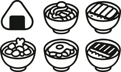 A collection of six black and white line art icons depicting various popular Japanese food dishes, including onigiri, ramen, and different types of donburi bowls.