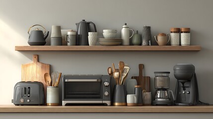 Organized kitchen countertop display featuring toaster oven coffee maker and various utensils