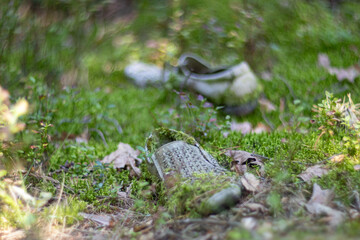 Old Men's Summer Shoes Covered in Moss – Nature Reclaiming Forgotten Footwear