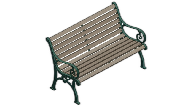 A park bench with wooden slats on black background