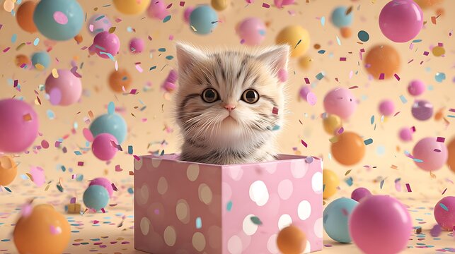 Adorable fluffy kitten peeking out of a pink gift box surrounded by colorful floating balloons