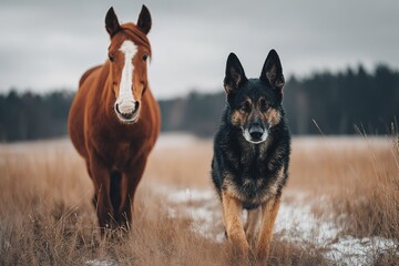 Horse and dog walking together in a snowy field during cloudy winter day
