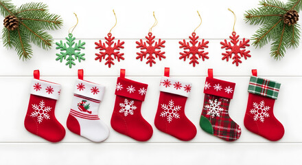 Charming display of festive Christmas stockings and sparkling snowflake ornaments, beautifully arranged on a rustic white wooden background, embodying the spirit of holiday celebrations