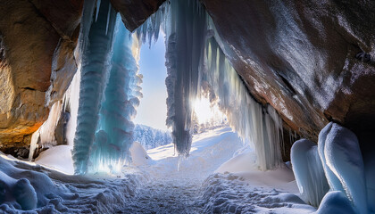 Ethereal Light Cascade Through Snowy Cave Formation