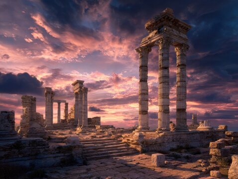 Explore ancient ruins bathed in a stunning sunset glow, perfect for history documentaries or travel brochures, inspiring wanderlust and intrigue