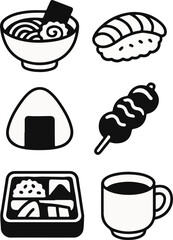 A collection of six black and white minimalist icons depicting various Japanese food items like ramen, sushi, onigiri, dango, bento, and a hot drink.