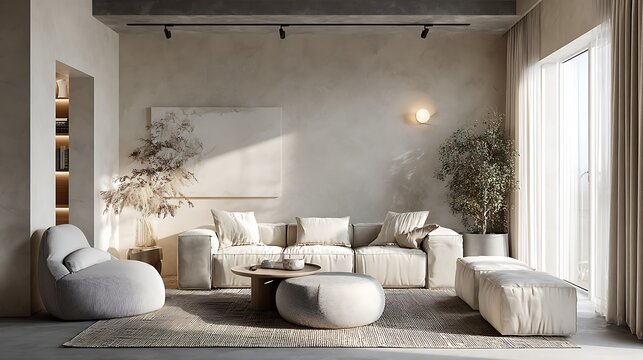 Modern living room with plush seating and abstract art creating a serene and stylish ambiance