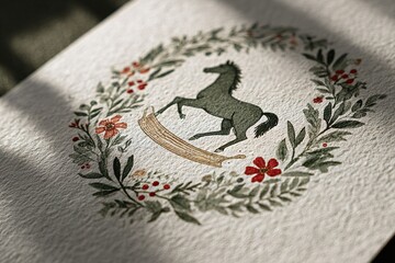 Decorative illustration of a horse surrounded by floral elements on textured paper with soft lighting