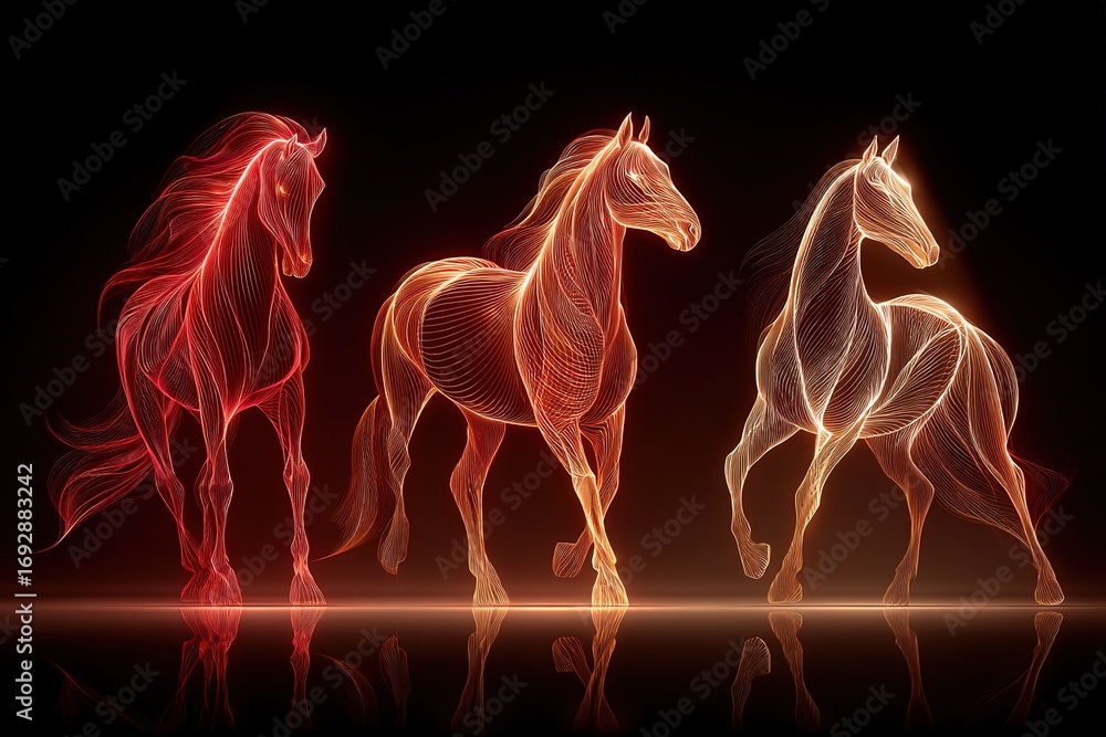 Poster dynamic display of illuminated horses showcasing movement and grace in a vibrant digital art composi
