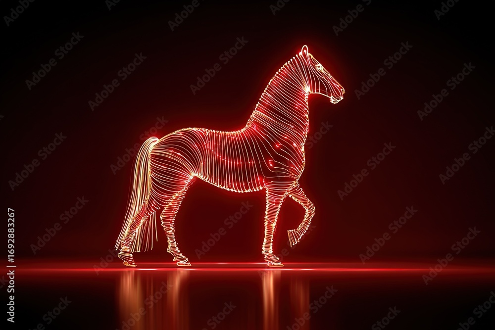 Poster glowing outlines of a rearing horse create a striking visual display in a darkened space at night