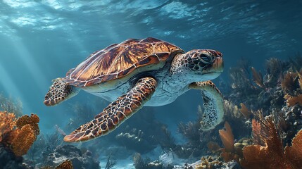 Fototapeta premium Majestic sea turtle glides gracefully through sunlit tropical ocean waters amidst coral reefs