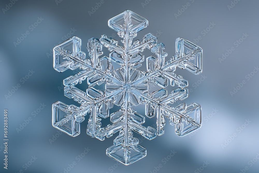 Poster unique snowflake with intricate patterns resting against a blurred winter background