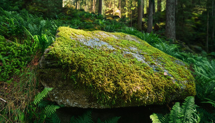 Ancient Moss Covered Stone Slab In A Fern Filled Mountain Crevice Peaceful Aged Wild Nature