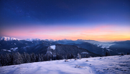 Twilight Mountain Vista Winter Landscape Serene Viewpoint Snow Covered Peaks Starry Sky Tranquil Environment