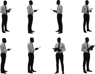 Businessman Silhouette Using Tablet in Various Poses, Digital Device Interaction, Corporate Technology Concept, Office Presentation and Data Analysis Vector Set
