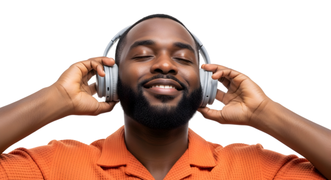 Joyful Black man with headphones, eyes closed in blissful peace, deeply immersed in tranquil music, finding relaxation and a delightful auditory escape