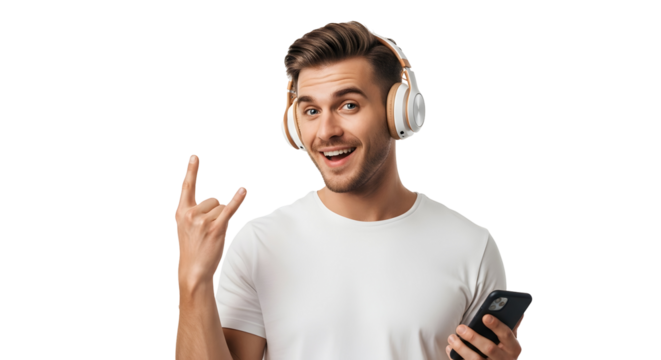 Energetic young man enjoying his favorite tunes through modern wireless headphones, smiling brightly while making a rock gesture and holding his smartphone on a clean background
