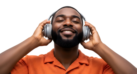 Smiling young man with eyes closed, deeply immersed in a relaxing music experience through his headphones. He radiates happiness and peace, enjoying the pure audio bliss