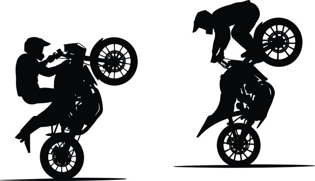 Motorcycle Stunt Silhouettes Performing Wheelies, Extreme Rider Poses, High-Speed Acrobatics, Biker Control and Precision Vector Illustration for Sports Themes