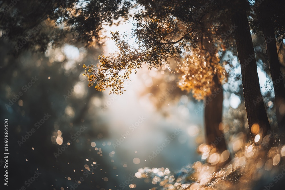 Aufkleber sunlight filters through trees, creating a magical atmosphere in a serene forest glade during early 