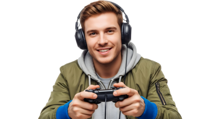 A cheerful young man engrossed in an immersive gaming session, wearing high-quality headphones and skillfully navigating with his controller, radiating happiness against a crisp white background