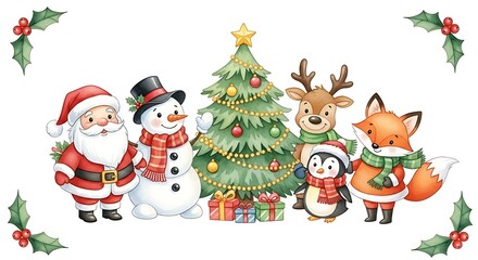 Festive Watercolor Christmas Scene with Santa Claus Snowman Reindeer Fox and Penguin around a Decorated Tree with Gifts Bringing Holiday Cheer