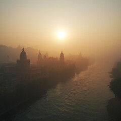 Obraz premium A Misty Morning View of Temples