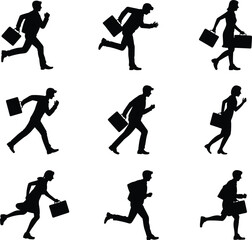 Business people running silhouettes with briefcase, male and female professionals, corporate rush vector illustration, office workers in motion, deadline stress design elements