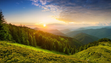 Serene Sunset Landscape With Green Mountains And Forest
