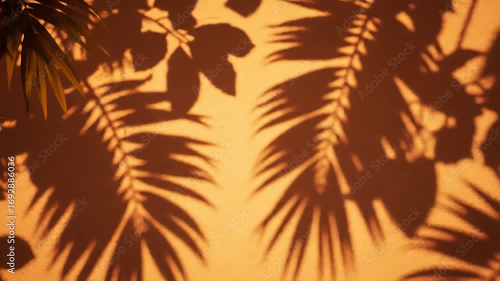 Poster the intricate patterns of palm fronds create beautiful, dappled shadows on a warm, textured surface 