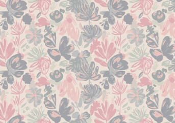 Charming pastel floral pattern with soft blush pink and gentle grey botanical elements