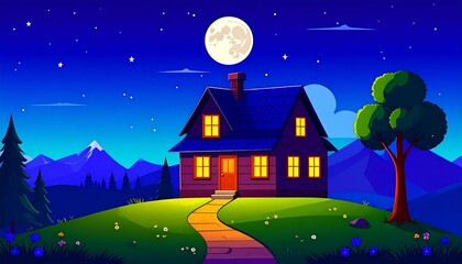 Night scene, cozy house, mountains