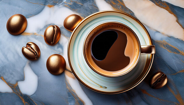 Bold Coffee Cup On Marble Surface Overhead Scene - Powered by Adobe