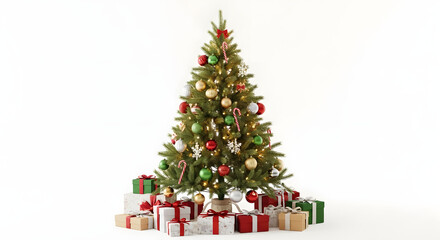 A classic Christmas tree, meticulously decorated with a variety of shimmering ornaments and surrounded by a festive assortment of wrapped presents, evoking holiday cheer