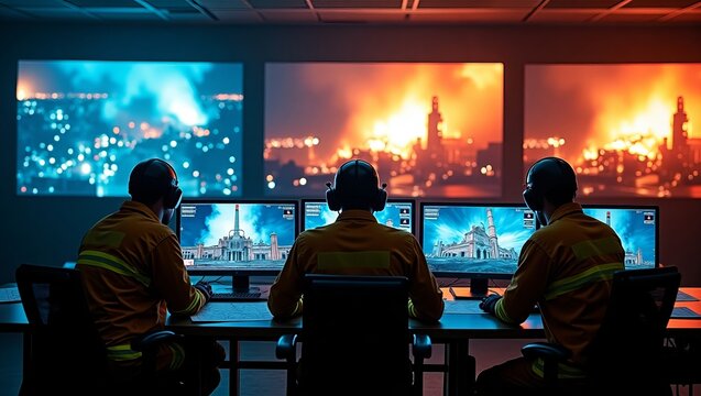 Three firefighters in orange uniforms monitoring multiple screens showing intense fires and disaster scenes in a control room setting