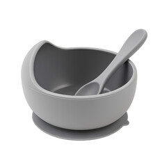 Photo of gray silicone baby bowl with suction base and matching spoon, isolated on transparent background