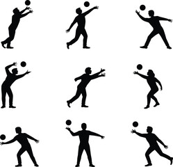 Volleyball players silhouette vector, people playing volleyball action poses, sport athlete illustration, ball game graphic design, active lifestyle icon, competitive team sport artwork